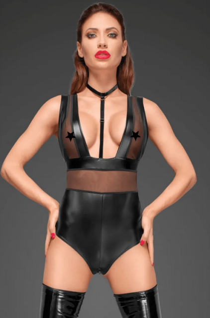 Боди сексуальный из винила с ошейником F183 Noir Handmade S